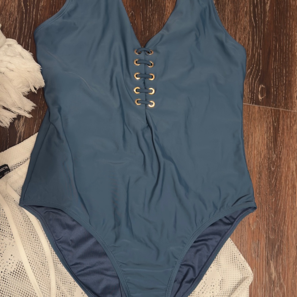 Blue Lace-Up One-Piece Swimsuit